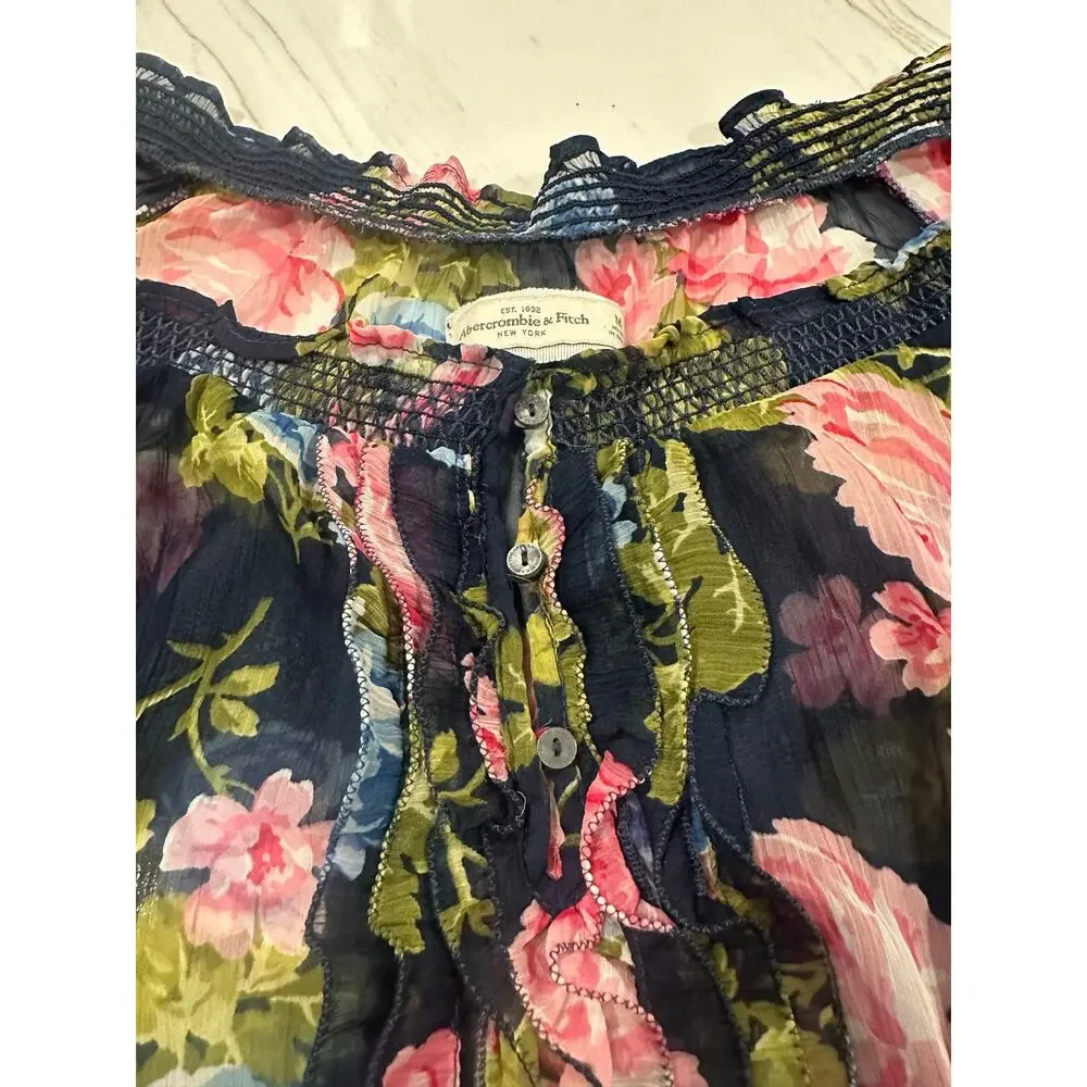 Abercrombie & Fitch Floral Chiffon Blouse M Navy Pink Ruffle Coquette Y2K